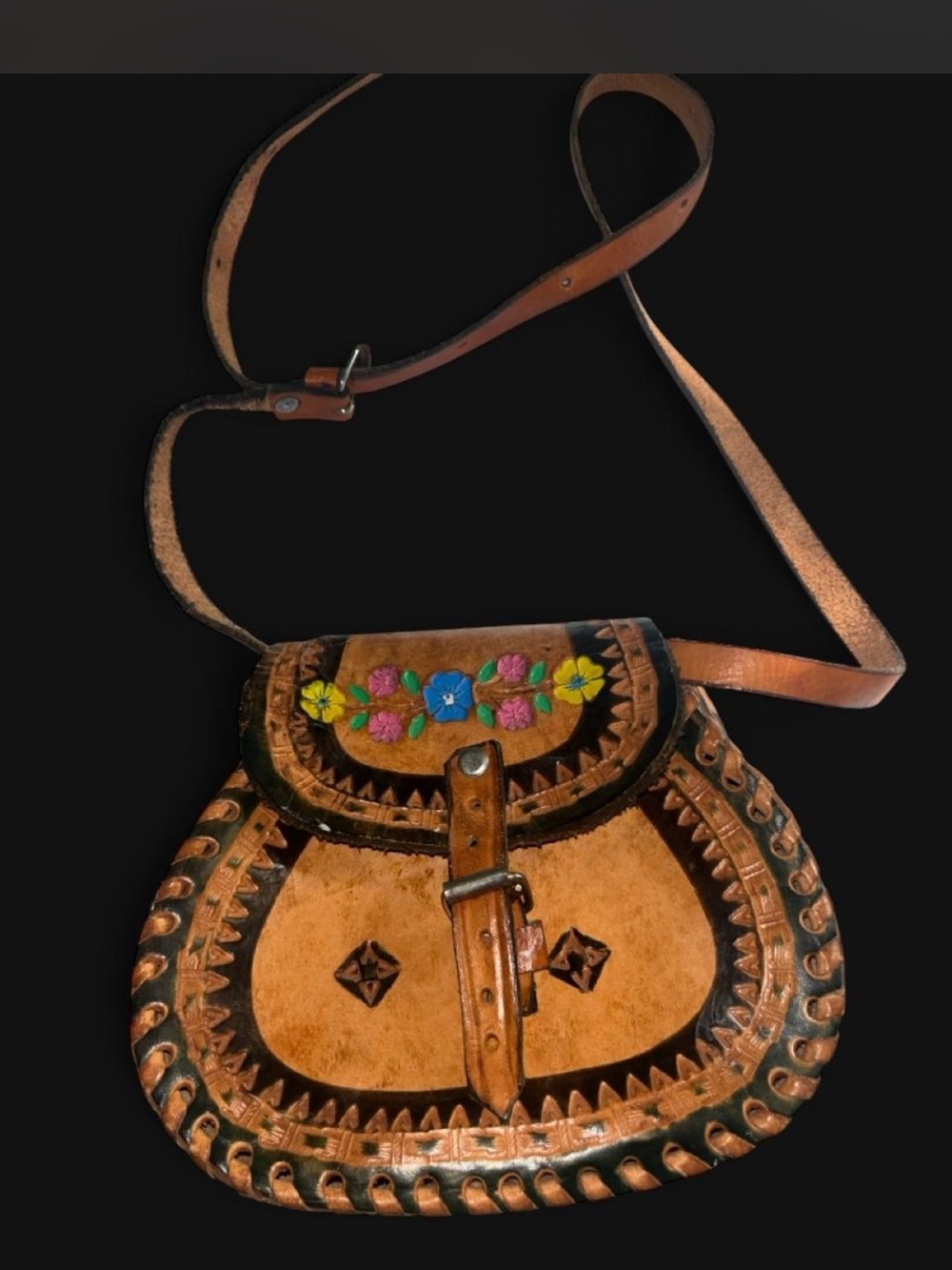 Source Unknown Brown Leather Crossbody Bag with Multicolor Floral Embroidery